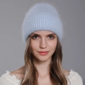 Light blue angora rabbit fur beanie hat with soft knit texture and ribbed cuff design - Sky Blue