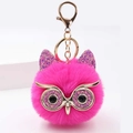 Fuchsia fluffy owl keychain with glitter eyes and gold hardware for women handbag - 8cm / Magenta