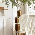 Set of 3 vintage bronze metal bells on jute rope hanging from a pine branch - Hemp Texture Vintage Large Bell [3-Bell Style]