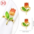 Golden tulip napkin ring with red and orange flowers and green leaves with dimensions - Colorful Tulip Red Orange Green