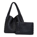 Bolso hobo grande de cuero PU tejido negro y conjunto de bolso de mano a juego - Negro