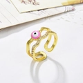 Macro detail of gold plated double layer evil eye ring with pink enamel and zircons - Pink Enamel Style (ZYN-DMR52G-5)