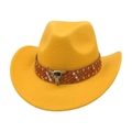 Bright yellow western cowboy felt hat featuring a braided leather band and bull skull charm - Yellow