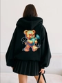 Oversized black hoodie for women featuring a cool cartoon bear graphic on the back - S / Black (Thin Style)