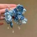 Blue gradient chiffon flower earrings with crystal tassel and gold-tone finish - 8# Silver Pin Gradient Simulation Flower Beaded Tassel Style Blue