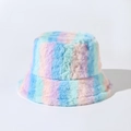 Detail showing plush faux fur texture and rainbow vertical stripes on the bucket hat - Blue Pink