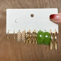 6-pair earring set featuring gold hoops, green resin rings, and faux pearl studs - Gold 6-Pair Set - Pearl Resin Thick Hoops