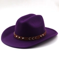 Detail of purple wool felt fedora with brown leather band and silver metal studs - M (56-58cm) / Purple