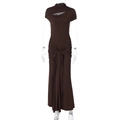 Detail view of deep brown cut-out dress featuring knot waist and elegant draping - S / Brown