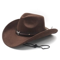Dark brown suede western cowboy hat with silver bull head detail and adjustable chin strap - M (56-58cm) / Brown