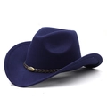 Détail du chapeau de cowboy en feutre bleu marine avec bande de cuir et emblème taureau - M (56-58cm) / Bleu Marine