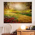 Detail of wall tapestry showing a forest path garden scene on a white wood wall - 150x130cm / Dreamy Garden (SLXL19)