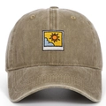 Detailed embroidery of sun and clouds on vintage khaki washed cotton baseball cap - Khaki