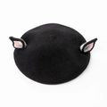 Cute black wool felt beret for women featuring 3D cat ears with pink inner lining - M (56-58cm) / Black/Black Rabbit Ears