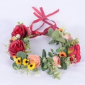 Floral headband with red and pink roses, yellow daisies, eucalyptus and red silk ribbon - Red Pink Yellow Combo