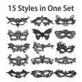 Set of 15 black lace masquerade masks with various butterfly and floral designs - Set of 15 Styles