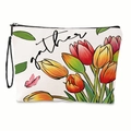 Borsa per cosmetici con stampa tulipani, cerniera nera e cinturino da polso beige - Stile Tulipano Gather (Con Cinturino)