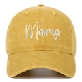 Close-up of Mama text embroidery and heart detail on mustard washed cotton baseball cap - Yellow