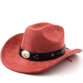 Close-up of brick red suede cowboy hat with bull head metal buckle and silver star studs - M (56-58cm) / Brick Red