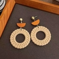 Detail of handmade woven resin hoop earrings with wooden accents for a beach vacation style - Coffee Brown (1# Silver Needle)