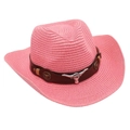 Pink straw cowboy hat detail with leather strap and silver bull head metal buckle decoration - One Size / Pink