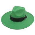 Detail of green wool fedora hat featuring a black leather band with a silver metal buckle - Grass Green Heart (Black Wide Leather)