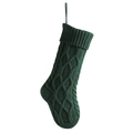 Dark green cable knit Christmas stocking with hanging loop and textured diamond pattern - Dark Green