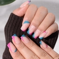 Uñas postizas cuadradas francesas con diseño geométrico azul y rosa para mujer - Bloque de Color Geométrico - Estilo de Pegamento (BKS1223)
