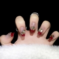 Luxurious burgundy French press-on nails with amber crystals and pearls on nude base - Extra Small (XS) / Platinum Red Wine
