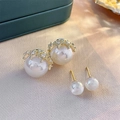 Elegant gold plated pearl earrings set with rhinestone mesh cap and simple studs - Crown Zirconia Double Pearl Style / Silver Needle - Gold Pearl Stud Earrings