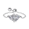 Silver adjustable chain ring featuring two heart-cut cubic zirconia stones on white background - Adjustable / Silver-Double Heart-White White