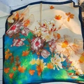Elegant floral square scarf with autumn leaves and leopard print in teal and blue colors - Brilliant Floral Silk Scarf / 65