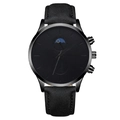 Men's business watch with black leather strap and moon phase dial on white background - Black Scale Black Hands Black Strap