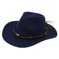 Detail of navy felt cowboy hat with leather band and silver bull head emblem decoration - M (56-58cm) / Navy Blue
