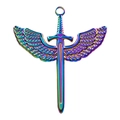 Rainbow plated stainless steel sword pendant with angel wings on white background - Colorful
