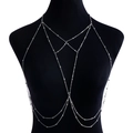 Silver tone bikini body chain with zircon tassels and beaded layers on a black mannequin - Body Chain (ZW1333) / Silver