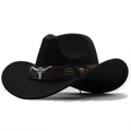 Classic black wool western cowboy hat with brown faux leather band and silver bull ornament - M (56-58cm) / Black