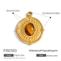Golden stainless steel round pendant with oval brown gemstone and dimension details - Oval Brown Gemstone Vintage Round Pendant (PJ92563)