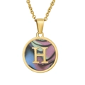 18K gold-plated titanium steel round necklace with letter H and colorful shell inlay - Gold H