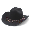 Classic black felt cowboy hat featuring ethnic style beaded fringe and geometric band - M (56-58cm) / Black