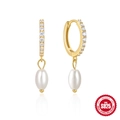 Elegant gold S925 sterling silver hoop earrings with white zircon and drop pearl pendant - Style #1 / Gold