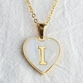 Golden heart necklace with white shell inlay and letter I charm on delicate chain - Letter I / Gold