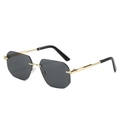 Classic retro rimless octagonal sunglasses with grey lenses and textured gold metal frame - Gold Frame Black Grey