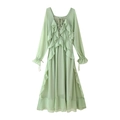 Mint green long sleeve dress with deep V-neck and layered ruffle details - S / Mint Green