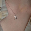 Golden double cross necklace with pavé zircon pendant and polished small cross charm - Double Layer Cross Gold Zirconia Necklace (5730802)