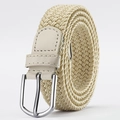 Elastic beige woven canvas belt with matching beige leather trim and silver metal buckle - Beige