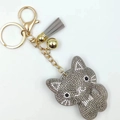 Cute grey rhinestone cat keychain with gold hardware and a matching grey tassel accessory - Grey White Whiskers