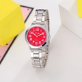 Detailed view of children quartz watch with red dial and silver metal strap on geometric background - Red
