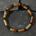 Men's natural gemstone bracelet featuring brown cylindrical beads and black hematite spacers - Brown Spotted Cylinder Hematite Spacer Bracelet (B-B24070301B)