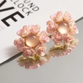 Floral resin earrings featuring pink cream roses and a soft pink gemstone on a mirror base - Red